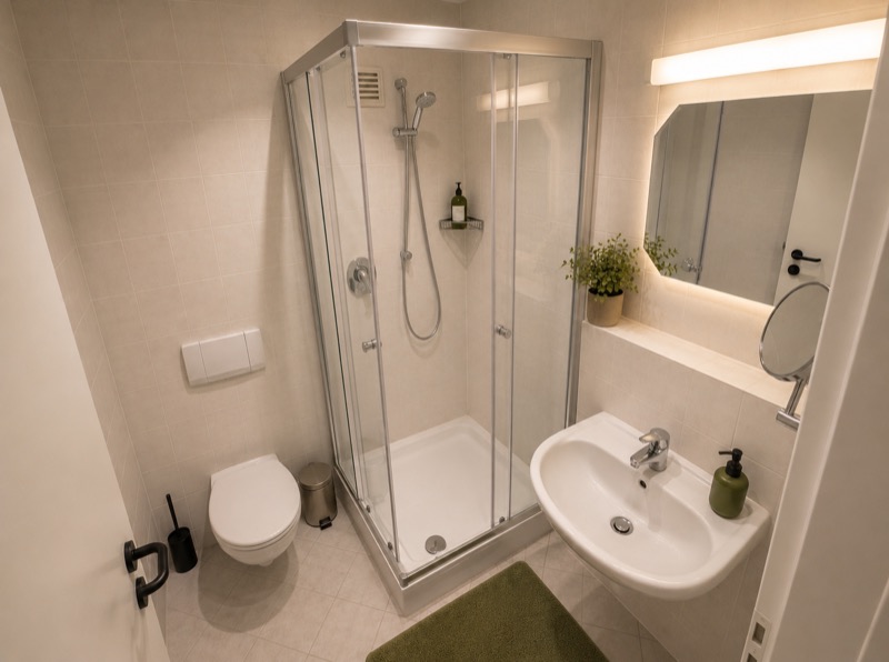Eigenes Badezimmer mit Dusche und WC