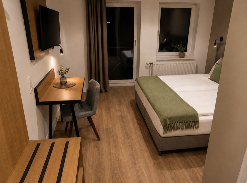Arbeitsbereich mit Schreibtisch und Smart-TV im Doppelzimmer
